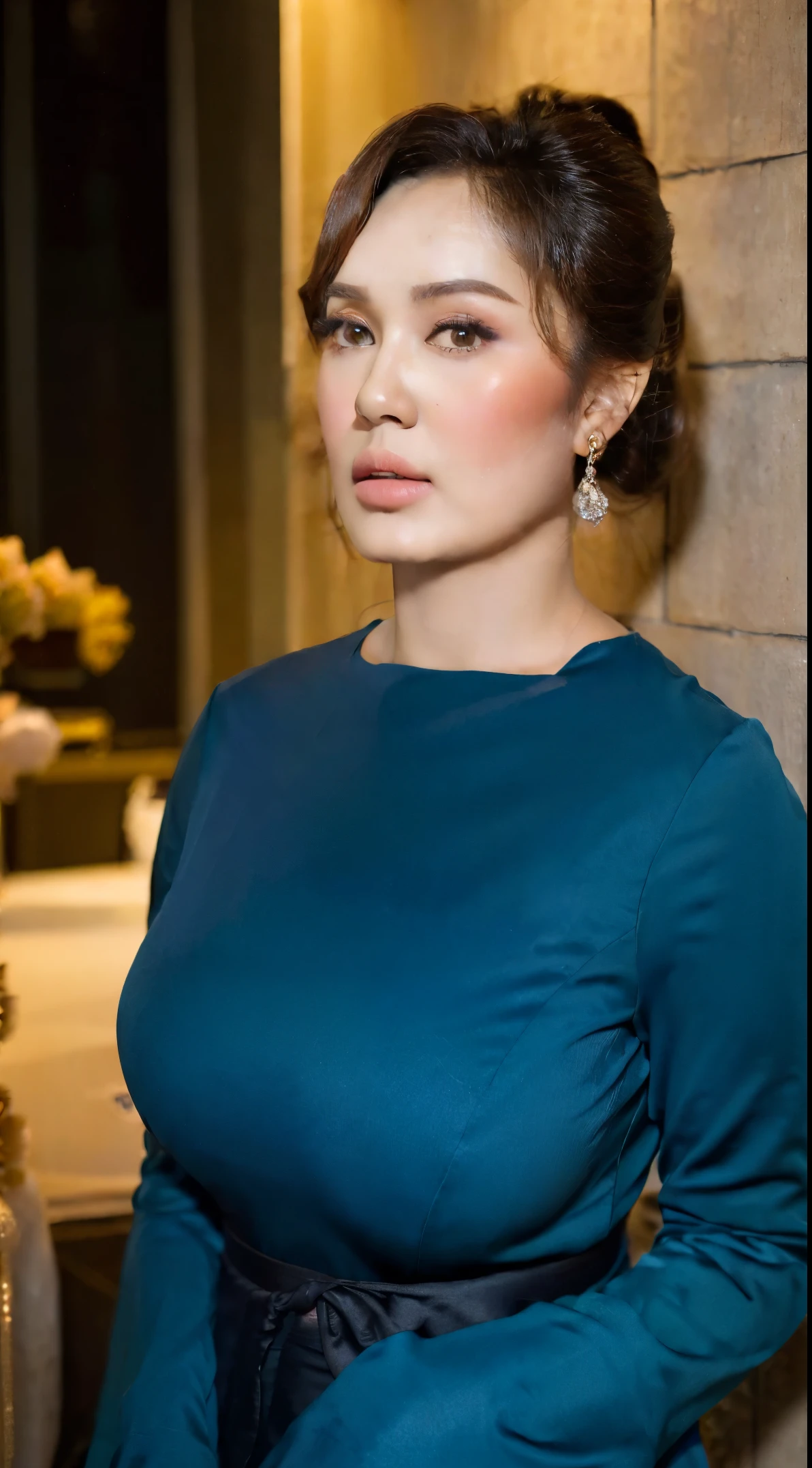 (Masterpiece,High Quality:1.3),(depth of field:1.3) ,((front body:1.35)), Japanese ,Woman,chignon, Long Sleeve Round neck ,blue T-shirt Maxi ((Tight)) Dress,(huge breasts:1.35),chubby,(looking at viewer:1.3),(full body:1.2), high heels