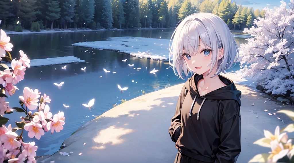 Ultra-high image quality,Look at viewers, hands behind back, girl with, 20 years old, Very short hair, long bangs between eyes, blue eyess,Black eyes, Hoodie, Skirt , Extremely detailed,(​masterpiece、top-quality),White hair、A smile、Fantastical, Silver hair,,  Hoodie, White hoodie,a black skirt,Hair is short,White jacket, Casual style,Open jacket,  Cowboy Shot、Fluttering hair、a small face、Bright smile、(Detailed face) ,profetional lighting,fantastic landscape,Blue sky, Sunlight,look down from above,portraitures、open open mouth、facing front、fountain in the forest、flower  field、Upper body only、cherry blossoms falling、5 fingers