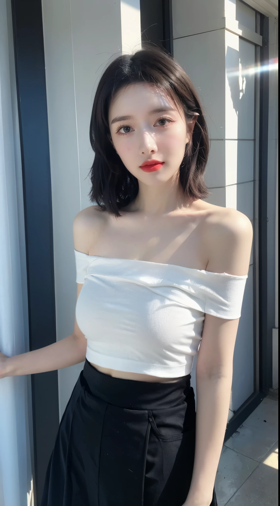 best qualtiy，realisticlying，8k，A high resolution，woman，(Complicated details:0.8), (HighDynamicRange, the ultra-detailed:1.2), allure, Off the shoulder T-shirt,harf,Patterned,Lace,Gauze skirt,((sunshine on face，Front light source)),（Place your arms behind your body）,(((panoramic lenull body shot shot)))