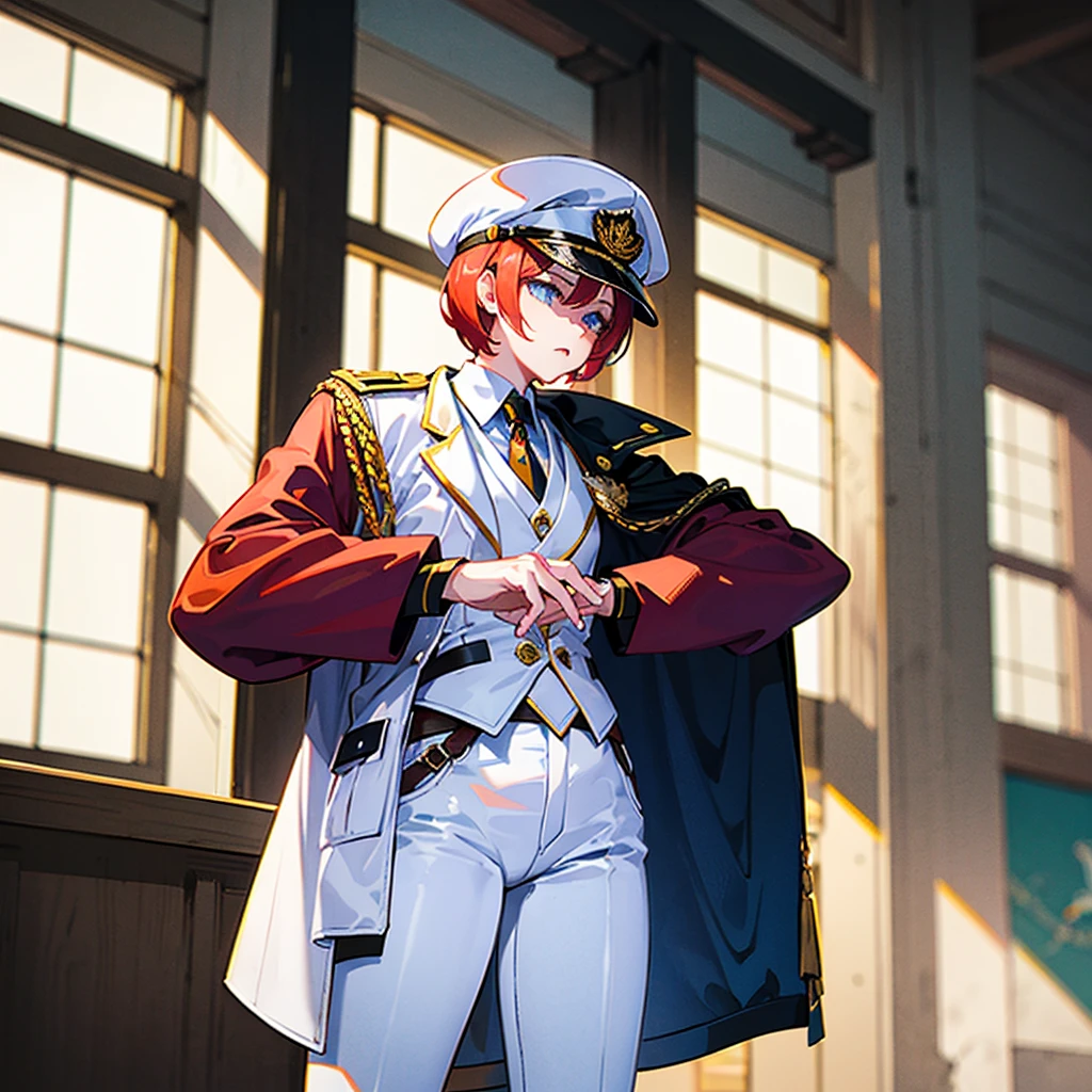 （（（​masterpiece）））、（（（Top image quality）））、（（（top-quality）））、（Illustration of one woman）、30-years old、（Viceroy）、（（Red-haired shorthair））、（Thin hair hanging down both sides of the face）、Blue eyes、（（Tall））、（（Muscle Woman、stocky build、muscular legs、broad shoulders、solid chest））、（（Military uniforms））、（（Military Cap））、（（Military coat））、（white  clothes）、（White pants）、（White cap）、trench coat、（（kosmos船の中））、（Outside the window、kosmos、kosmosから見た地球、kosmos港）