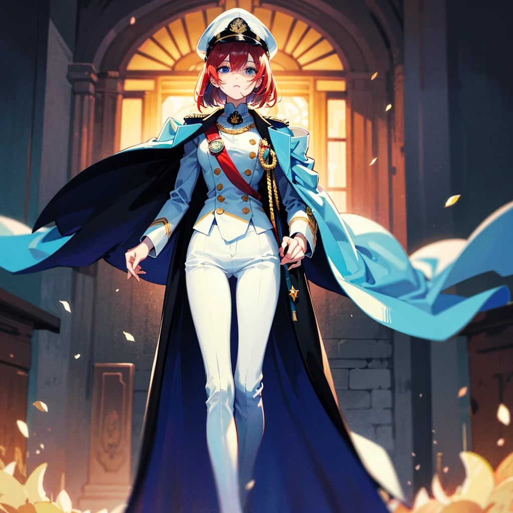 (((masterpiece)))、(((Top image quality)))、(((top-quality)))、(Illustration of one woman)、30-years old、(Viceroy)、((Red-haired shorthair))、(Thin hair hanging down both sides of the face)、Blue eyes、((Tall))、((Muscle Woman、stocky build、muscular legs、broad shoulders、solid chest))、((Military uniforms))、((Military Cap))、((Military coat))、(white clothes)、(White pants)、(White cap)、trench coat、((kosmos船の中))、(Outside the window、kosmos、kosmosから見た地球、kosmos港)