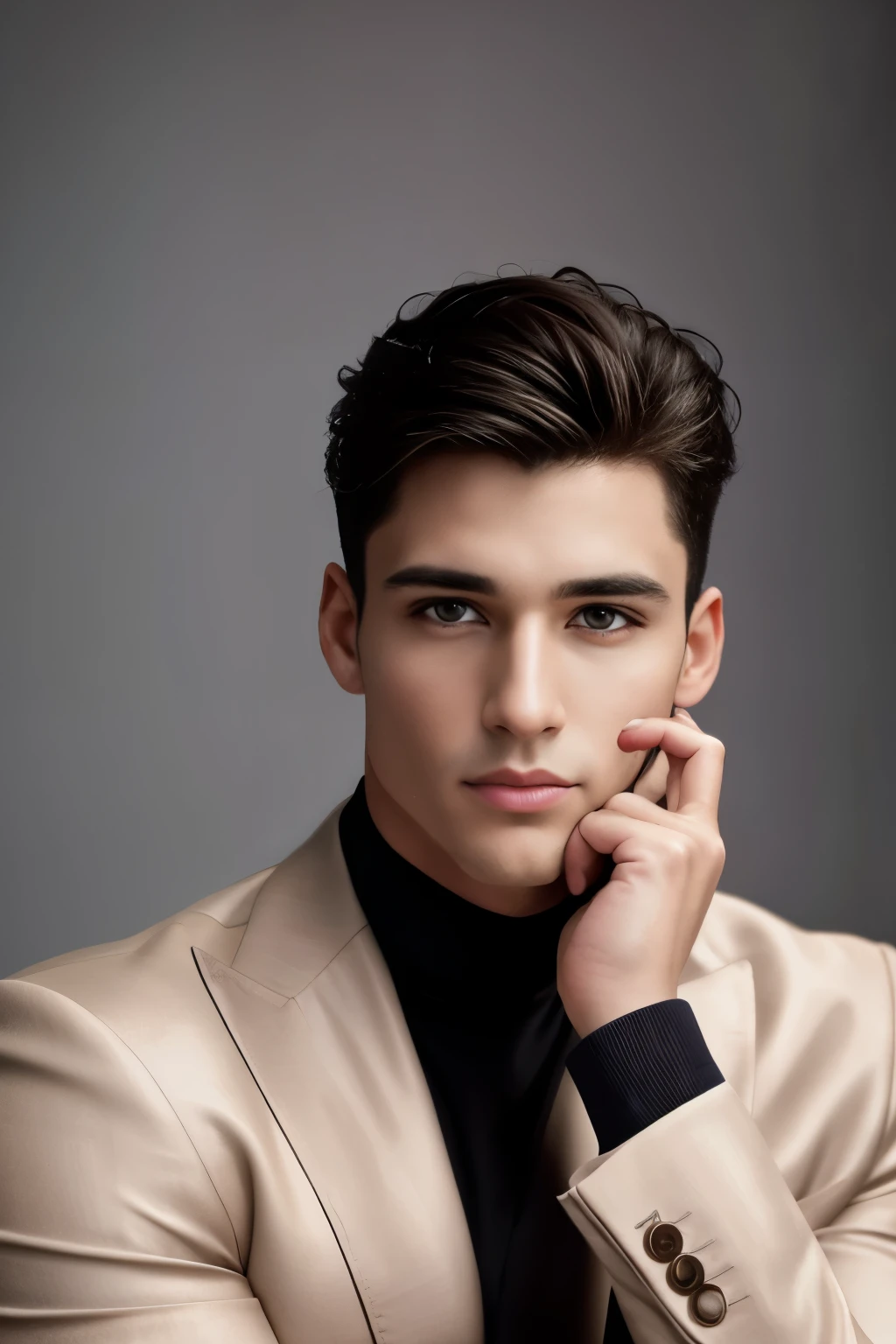 prompt: (best quality,4k,8k,highres,masterpiece:1.2),ultra-detailed,(realistic,photorealistic,photo-realistic:1.37),handsome male model,portrait,impeccable features,tall and fit physique,gaze like magnetic charm,perfectly chiseled jawline,expressive eyes,sharp nose,strong eyebrows,full lips,sophisticated hairstyle,fashionable attire,vibrant colors,soft lighting