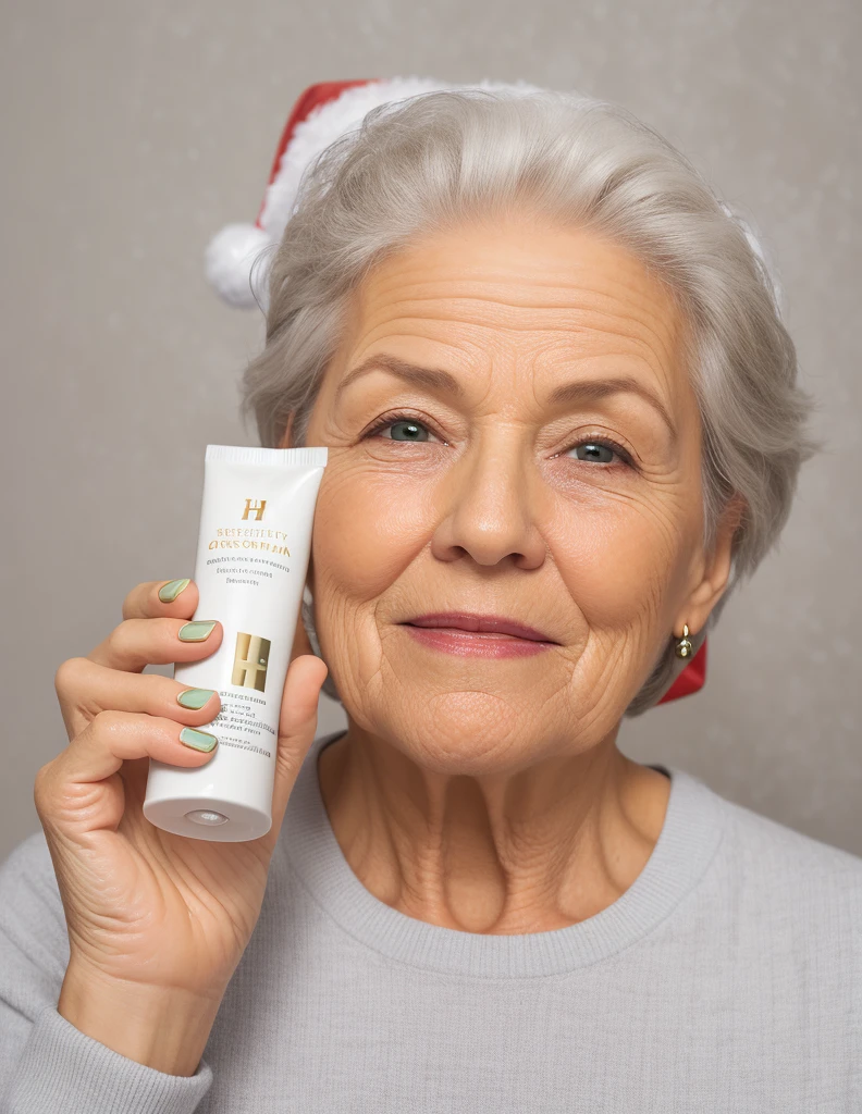 older woman holding a tube of toothpaste in front of her face,HD, (finest details), (best quality), Merry, Christmas decorations, night, Christmas theme, Christmas gifts, Christmas tree, best quality, high resolution, Christmas decorations, lights, snowflakes, (( (Red Christmas hat))),