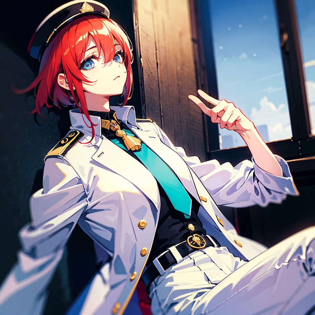 (((masterpiece)))、(((Top image quality)))、(((top-quality)))、(Illustration of one woman)、30-years old、(Viceroy)、((Red-haired shorthair))、(Thin hair hanging down both sides of the face)、Blue eyes、((Tall))、((Muscle Woman、stocky build、muscular legs、broad shoulders、solid chest))、((Military uniforms))、((Military Cap))、((Military coat))、(white clothes)、(White pants)、(White cap)、trench coat、((kosmos船の中))、(Outside the window、kosmos、kosmosから見た地球、kosmos港)