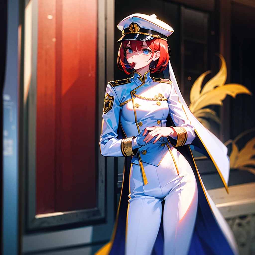 (((masterpiece)))、(((Top image quality)))、(((top-quality)))、(Illustration of one woman)、30-years old、(Viceroy)、((Red-haired shorthair))、(Thin hair hanging down both sides of the face)、Blue eyes、((Tall))、((Muscle Woman、stocky build、muscular legs、broad shoulders、solid chest))、((Military uniforms))、((Military Cap))、((Military coat))、(white clothes)、(White pants)、(White cap)、trench coat、((kosmos船の中))、(Outside the window、kosmos、kosmosから見た地球、kosmos港)