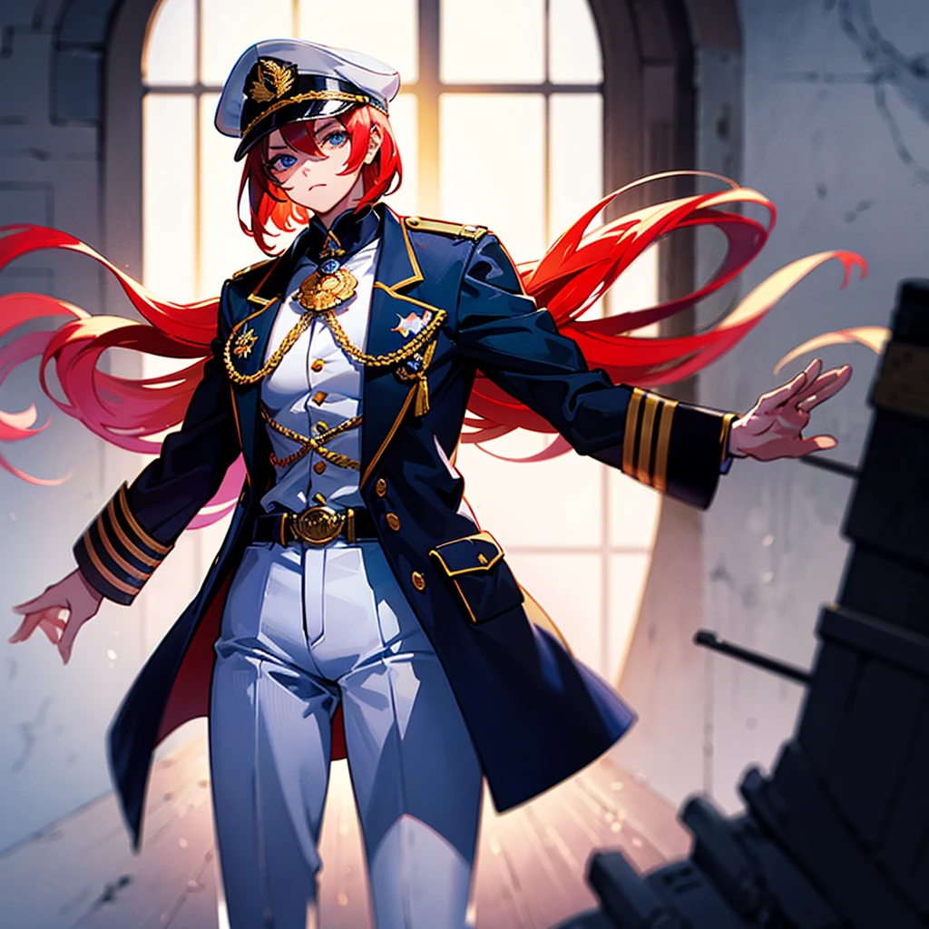 (((masterpiece)))、(((Top image quality)))、(((top-quality)))、(Illustration of one woman)、30-years old、(Viceroy)、((Red-haired shorthair))、(Thin hair hanging down both sides of the face)、Blue eyes、((Tall))、((Muscle Woman、stocky build、muscular legs、broad shoulders、solid chest))、((Military uniforms))、((Military Cap))、((Military coat))、(white clothes)、(White pants)、(White cap)、trench coat、((kosmos船の中))、(Outside the window、kosmos、kosmosから見た地球、kosmos港)