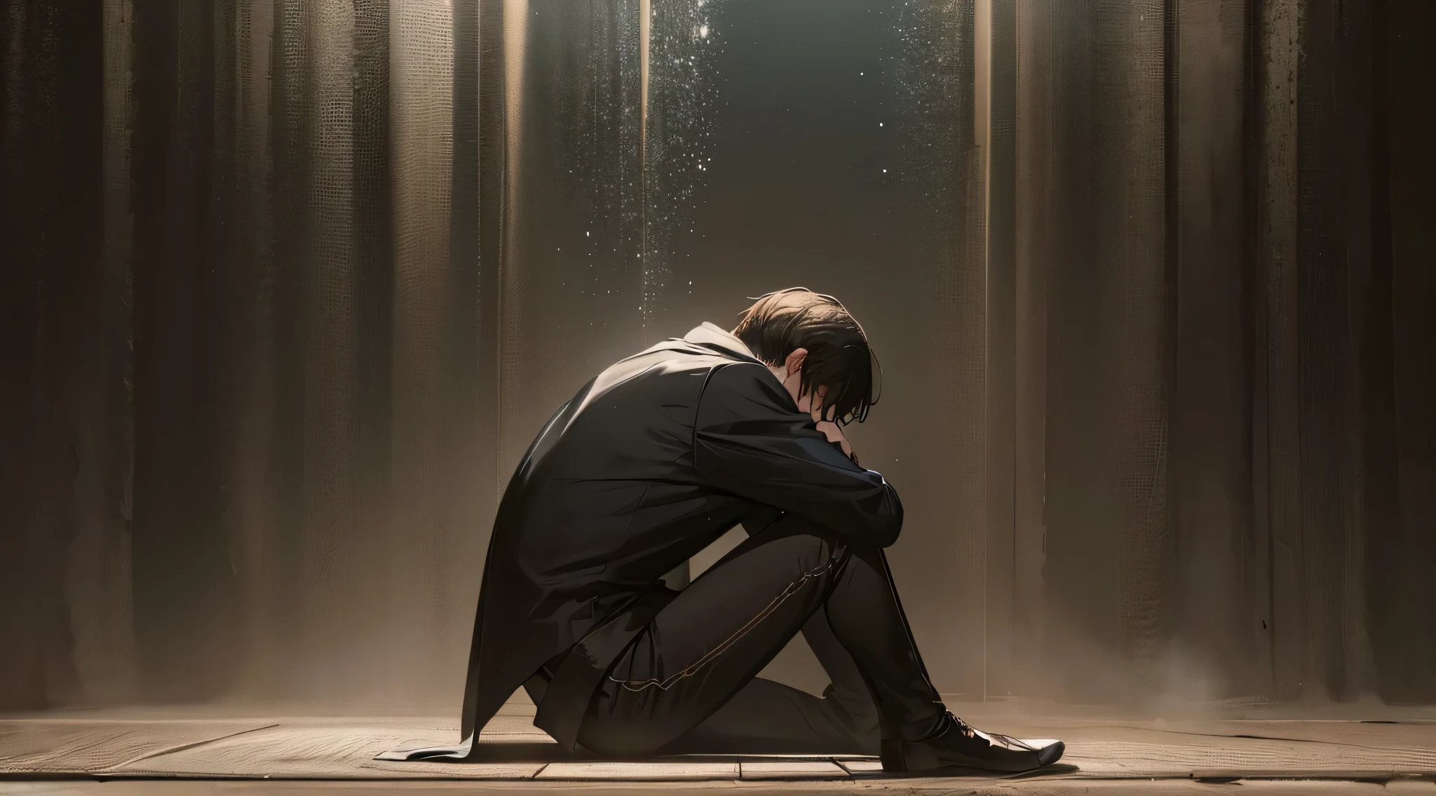 A man in a suit sitting on the ground in front of a curtain - SeaArt AI