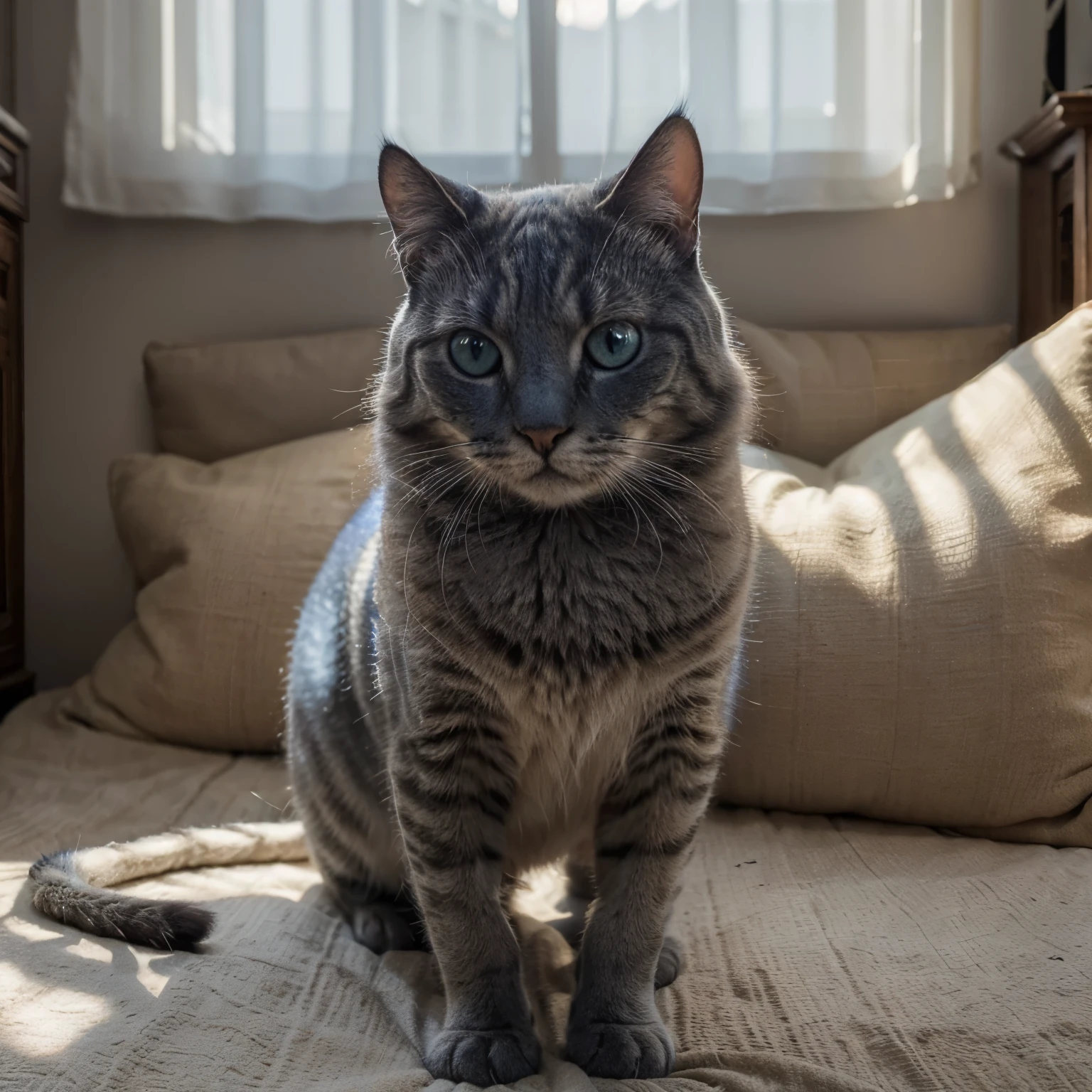 Promptly excellent quality, Masterpiece, ultra highres, (photoreallistic:1.4), Photo brute, chat animalgris, femelle, yeux bleus pétillants, poil soyeux, Carrure avec de belles courbes félines. Lumière très douce