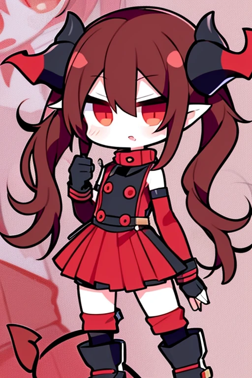 design, OvO, li, liister, short twintails, red boots, red scarf, brown hair, brat, kusogaki, mesugaki, black fingerless gloves, chuuni, chuunibyou, demon horns, messy hair, side locks, hair between eyes, fang mouth, full body, dynamic