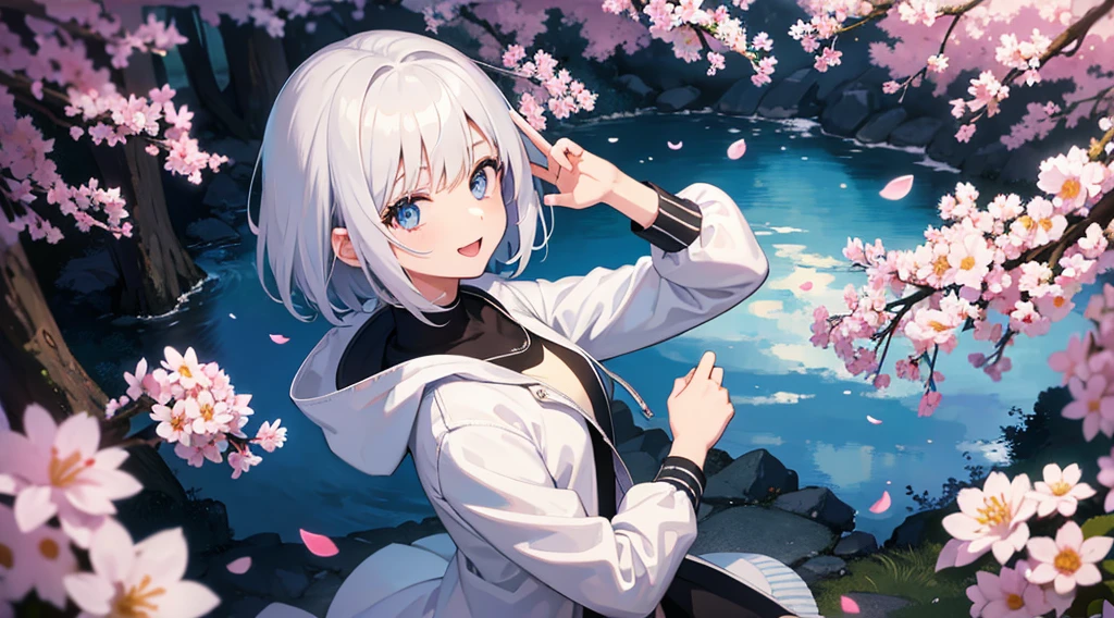 Ultra-high image quality,Look at viewers, hands behind back, girl with, 20 years old, Very short hair, long bangs between eyes, blue eyess,Black eyes, Hoodie, Skirt , Extremely detailed,(​masterpiece、top-quality),White hair、A smile、Fantastical, Silver hair,,  Hoodie, White hoodie,a black skirt,Hair is short,White jacket, Casual style,Open jacket,  Cowboy Shot、Fluttering hair、a small face、Bright smile、(Detailed face) ,profetional lighting,fantastic landscape,Blue sky, Sunlight,look down from above,portraitures、open open mouth、facing front、fountain in the forest、flower  field、Upper body only、cherry blossoms falling、5 fingers