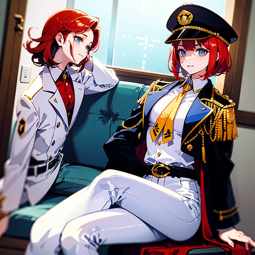 (((masterpiece)))、(((Top image quality)))、(((top-quality)))、(Illustration of one woman)、30-years old、(Viceroy)、((Red-haired shorthair))、(Thin hair hanging down both sides of the face)、Blue eyes、((Tall))、((Muscle Woman、stocky build、muscular legs、broad shoulders、solid chest))、((Military uniforms))、((Military Cap))、((Military coat))、(white clothes)、(White pants)、(White cap)、trench coat、((kosmos船の中))、(Outside the window、kosmos、kosmosから見た地球、kosmos港)
