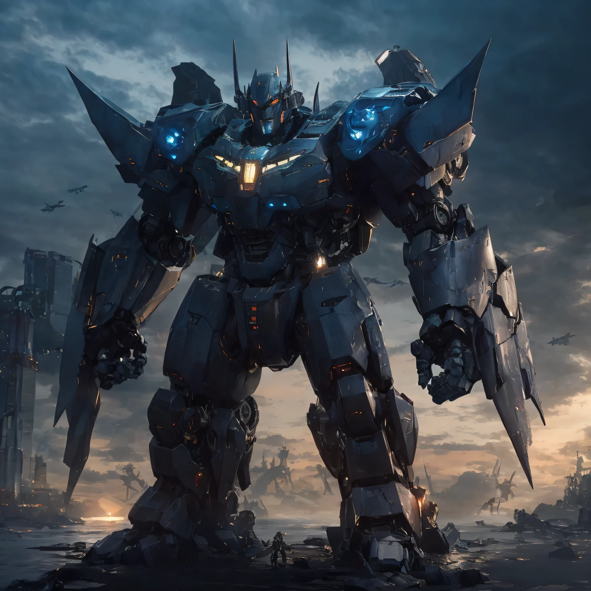 robot arafed debout devant une ville avec un fond de ciel, Batman Mecha, Alexander Ferra Mecha, Mécha d'art, Mecha noir, Inspiré du mecha, Art conceptuel du méca, Ruine brisée Pacific Rim Jaeger, par jeonseok lee, wojtek fus, Un grand robot mecha d'Anime, Mecha de style cool, Pacific Rim Jaeger