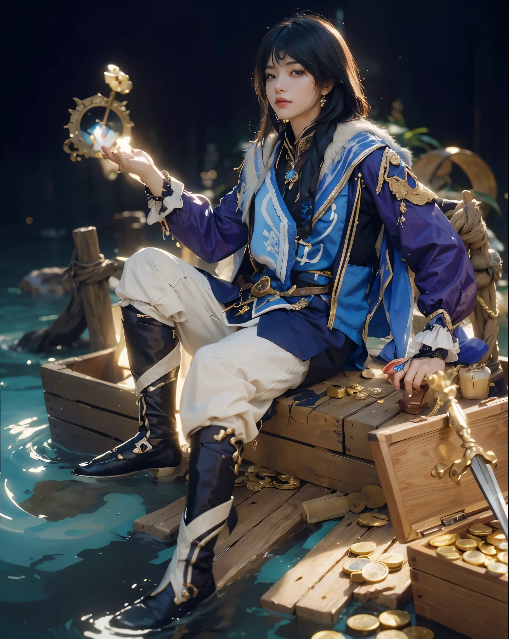 ((Kaeya_GENSHIN IMPACT)),((realistic, photorealistic)),(highlight hair)), Light reflection, (( HD )),((upper body)), (((best quality, masterpiece))), (masterpiece) (best quality) (detail) (8k) (HDR) (wallpaper) (cinematic lighting) (sharp focuasterpiece, best quality: 1.1), 1men solo, kaeya,Treasure coins, treasure box, treasure sword, broken ship plank, water, sitting in treasure box, pirate loota,One coin in hand
