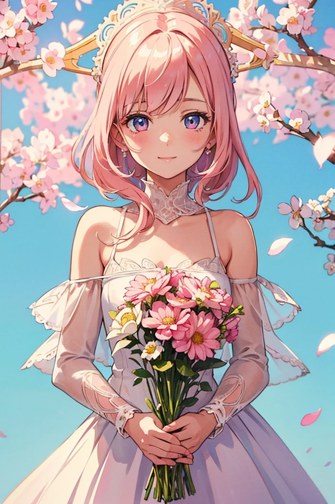 cowboy shot, pale pink color, diagonally above, cute and gentle smile, beautiful girl holding a bouquet of flowers so beautiful that you can't see her hands, beautiful eyes, rich watercolor, colorful, (delicate details, complex composition: 1.5 ) (very detailed) Complex configuration: 1.5),