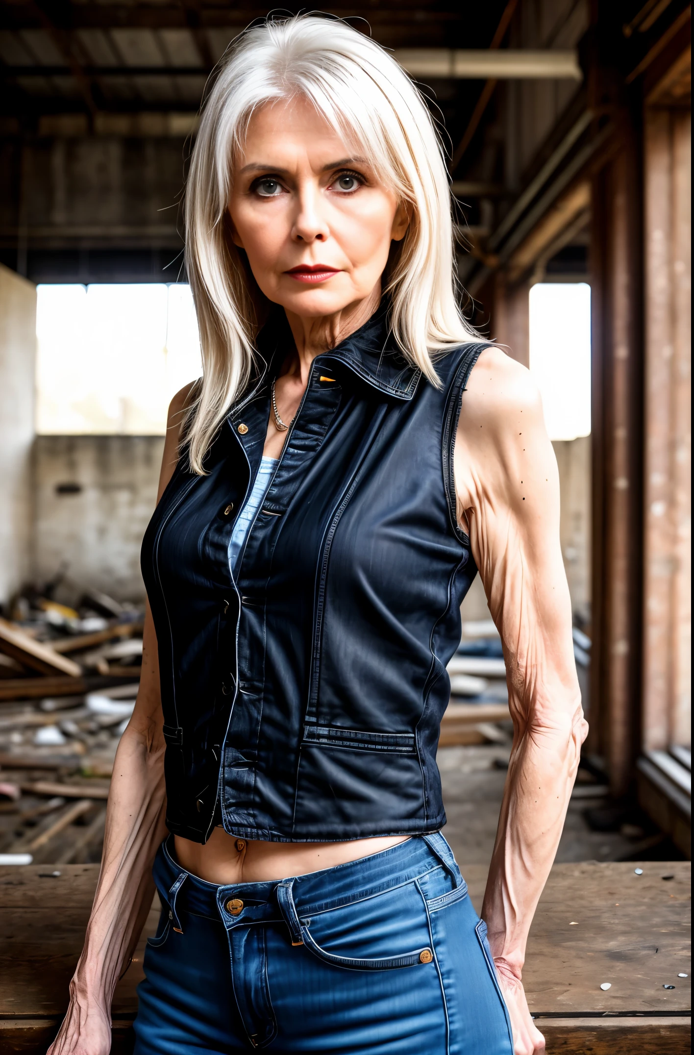 old 80yo woman is standing by a pneumatic press for plastics, she is wearing tights, her long hair is tied in a ponytail, in the background you can see the view from the garage where the press is located, realistic design, realistic face with all the details,plastis machine Engel