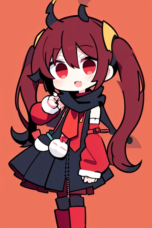 design, v mouth, loli, little sister, short twintails, red boots, red scarf, brown hair, brat, kusogaki, mesugaki, black fingerless gloves, chuuni, chuunibyou, demon horns, messy hair, side locks, hair between eyes, fang mouth, full body, dynamic, shoulderless sleeves, maroon pants