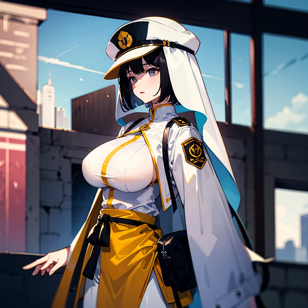 (((masterpiece)))、(((Top image quality)))、(((top-quality)))、(Illustration of one woman)、full bodyesbian、30-years old、(Viceroy)、Black hair bob cut、((Face covering gas mask))、Gray eyes、((Tall))、((huge tit))、((Military uniforms))、((Military Cap))、((Military coat))、(white clothes)、(White pants)、(White cap)、trench coat、((kosmos船の中))、(Outside the window、kosmos、kosmosから見た地球、kosmos港)
