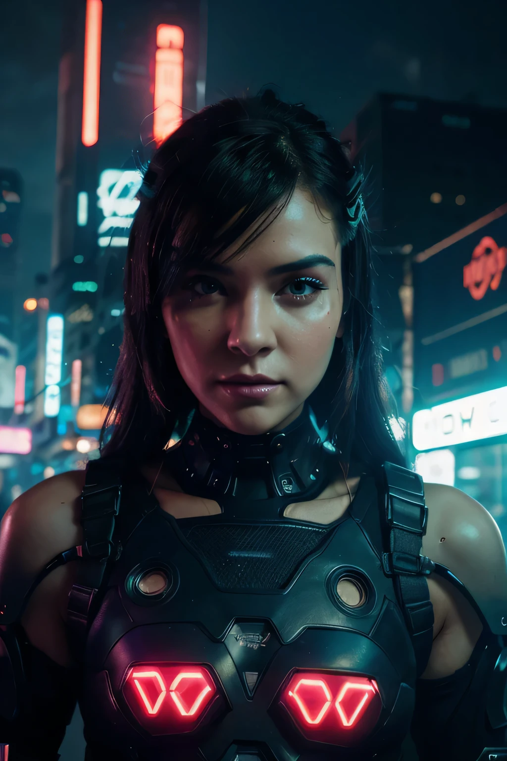 a female cyborg, cyberpunk with hair blown back by a bass wave, euphoric expression, intricate cyberpunk details, neon lights, detailed facial features, realistic 3D render, cinematic lighting, highly detailed, 8k, photorealistic, hyper detailed, masterpiece