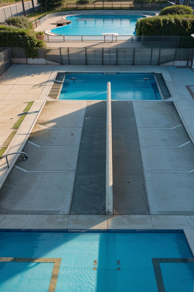 ariel view  shot of a skate park with dried up pool , rails on each side of the pool , and benches in sides ,water view  ,sunset lighting ,4k resolution ,futuristic,highly detailes