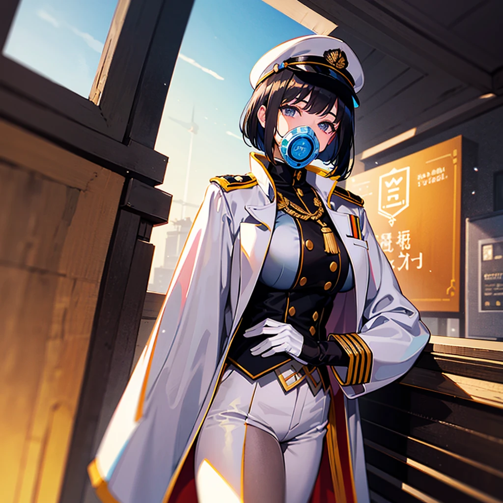 （（（​masterpiece）））、（（（Top image quality）））、（（（top-quality）））、（Illustration of one woman）、30-years old、（Viceroy）、Black hair bob cut、（（Face covering gas mask））、Gray eyes、（（Tall））、（（huge tit））、（（Military uniforms））、（（Military Cap））、（（Military coat））、（white  clothes）、（White pants）、（White cap）、trench coat、（（kosmos船の中））、（Outside the window、kosmos、kosmosから見た地球、kosmos港）