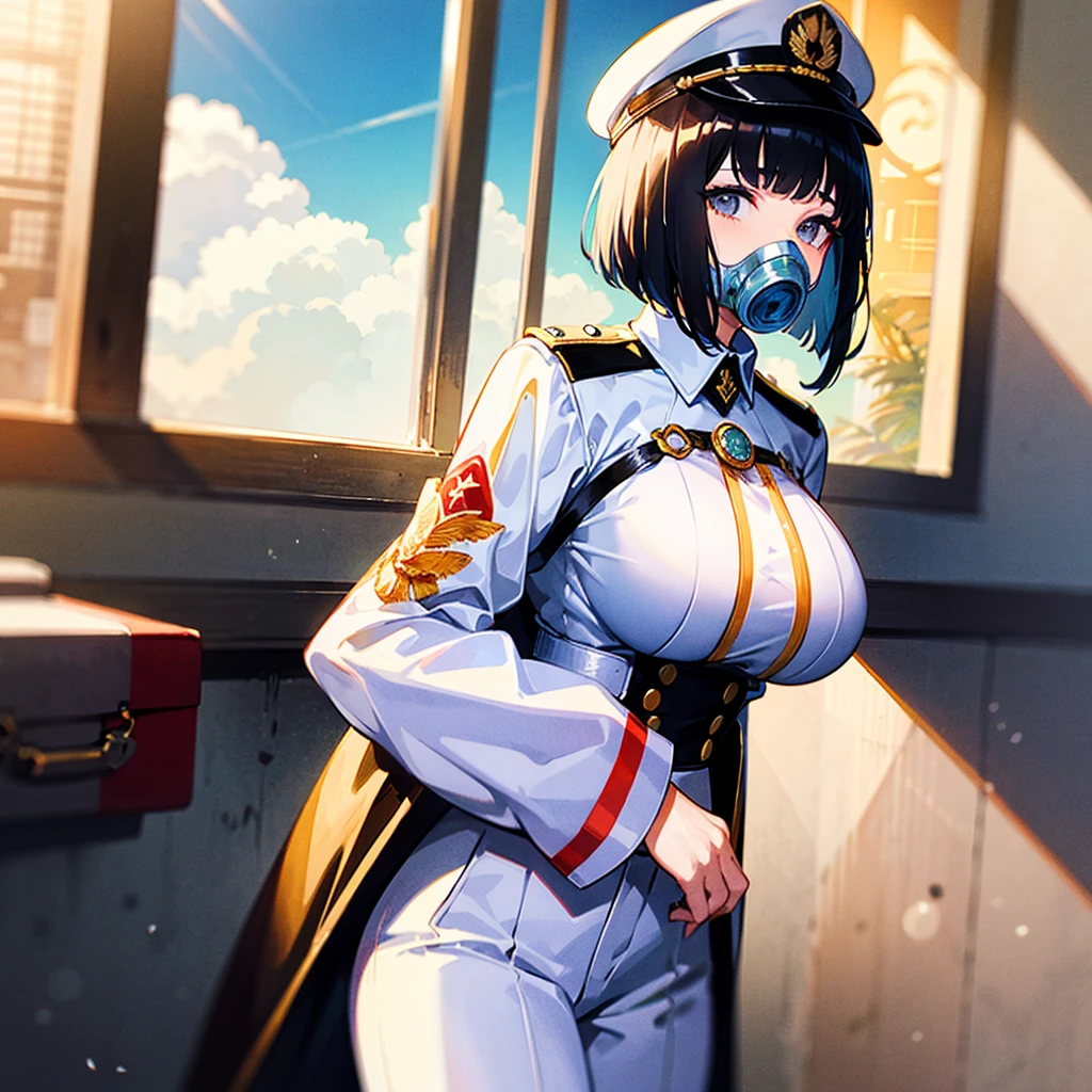 （（（​masterpiece）））、（（（Top image quality）））、（（（top-quality）））、（Illustration of one woman）、30-years old、（Viceroy）、Black hair bob cut、（（Face covering gas mask））、Gray eyes、Sanpaku eyes、（（Tall））、（（huge tit））、（（Military uniforms））、（（Military Cap））、（（Military coat））、（white  clothes）、（White pants）、（White cap）、trench coat、（（Inside the spaceship））