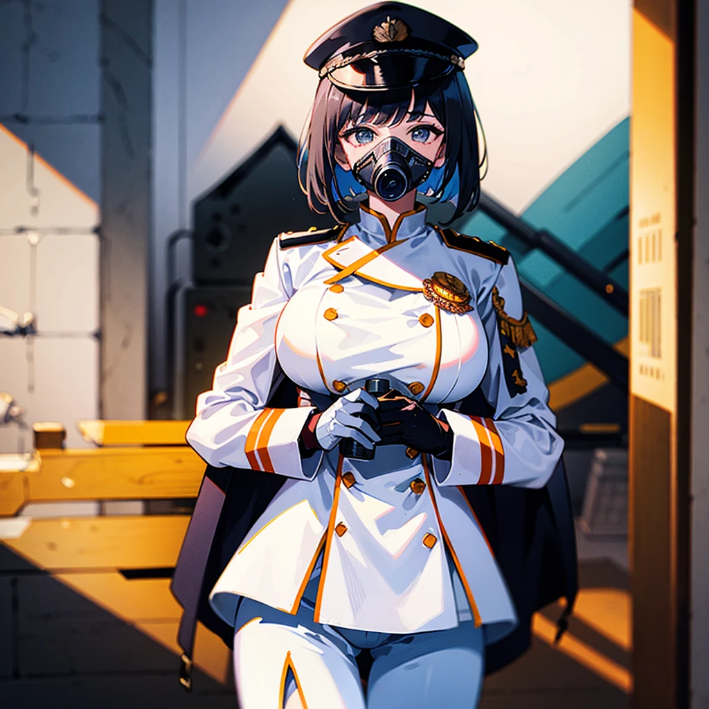 (((masterpiece)))、(((Top image quality)))、(((top-quality)))、(Illustration of one woman)、30-years old、(Viceroy)、Black hair bob cut、((Face covering gas mask))、Gray eyes、((Tall))、((huge tit))、((Military uniforms))、((Military Cap))、((Military coat))、(white clothes)、(White pants)、(White cap)、trench coat、((kosmos船の中))、(Outside the window、kosmos、kosmosから見た地球、kosmos港)