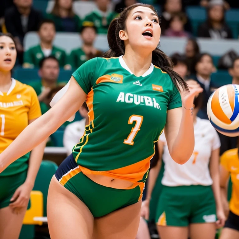 Big breasted volleyball player、Sexy green and orange uniform