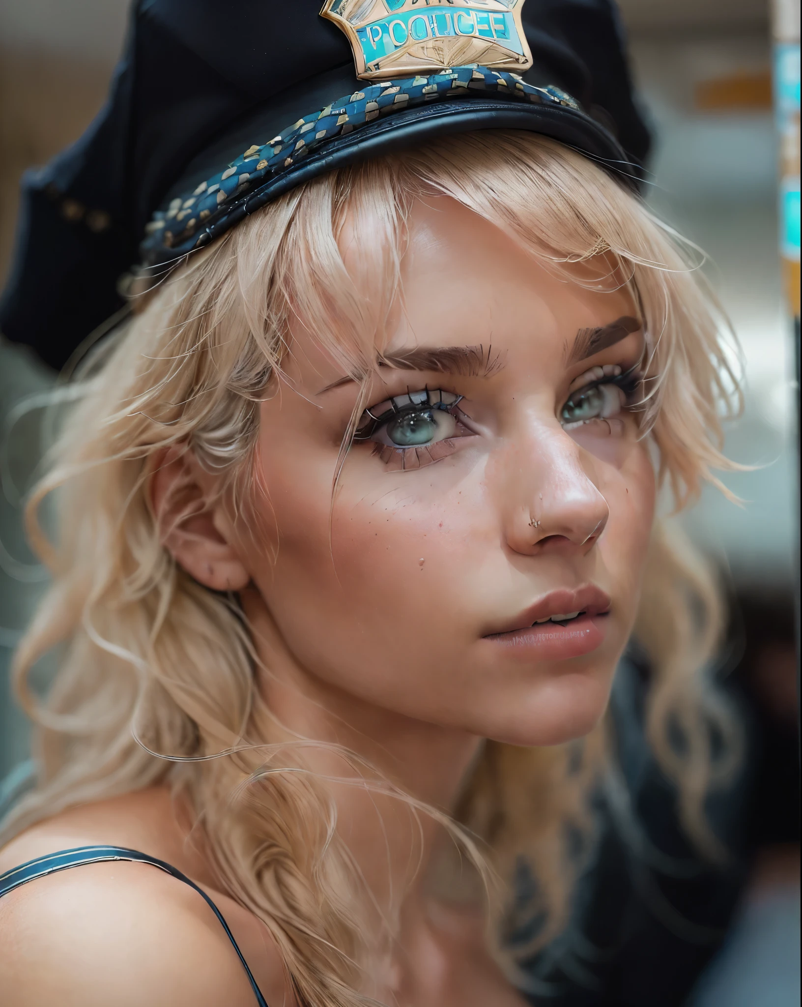 analog photo, editorial fashion photography, 24 year-old blonde woman, masterpiece, best quality, ultra-detailed, colorful, (((big booblonde hair, (((sexy model pose))), (((((cleevage))))), looking at viewer, police station, pleated miniskirt, ((((((sexy police uniform)))))), police cap, slutty, sweaty, hot, sexual, black pantyhose, detailed skin texture, beautiful detailed face, hyperrealistic, real, 4k, (((big boobs))), (((slim body))), (((((fit body))))), abs, supermodel, masterpiece, eye level, Kodak Funsaver, Porta 160, 20mm, bokeh, in the style of Nan Goldin, textured, high contrast, ultrarealistic, 4k, hyperreal, modern, ((minimal))
