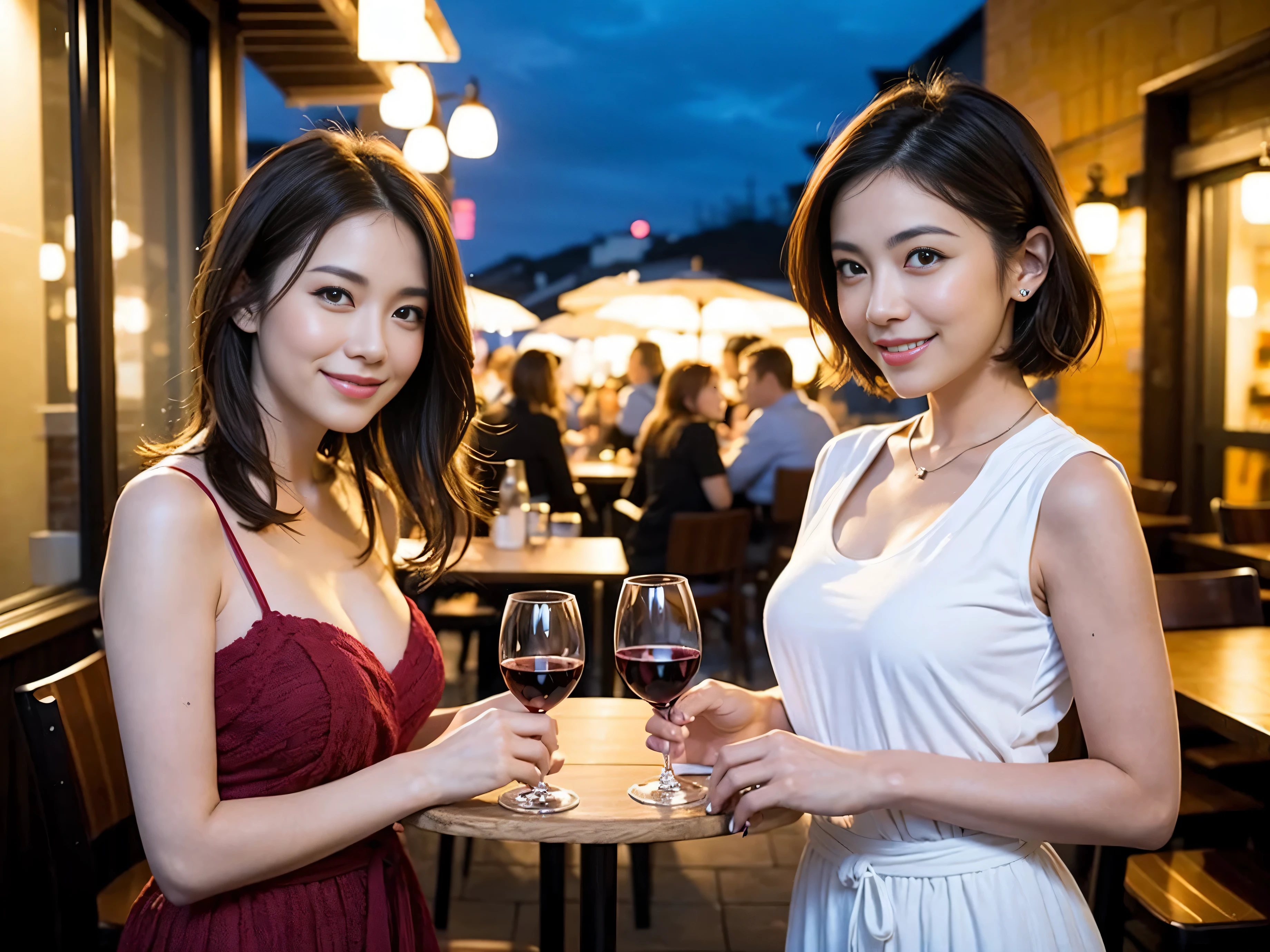 (64k uhd, nffsw, of the highest quality, masutepiece: 1.2), (Realistic, Photorealistic: 1.37), Pretty Woman 1, (Slim Face), (slimボティ), (Brown hair), (short-cut), cheeks blush a little, (40 years old), 38 years, Solo, A beautiful and detailed night view spreads out outside the window...., restaurant, wine glassesに座って, At night, In a prominent place (from waist up) NovaFrogStyle, actress, Model, waist-up, white wine, slim, wine glasses, Super clean night view, 真ん中に置かれたwine glasses, Happy smile, (Smile: 1.15), Beautiful fine eyes, Upper body, Bust Japan Up, Night, Short, Short, actress, Model, waist-up, white wine, slim, wine glasses, Super clean night view, 真ん中に置かれたwine glasses, Happy smile,