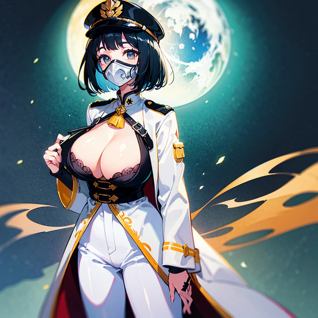 （（（​masterpiece）））、（（（Top image quality）））、（（（top-quality）））、（Illustration of one woman）、30-years old、（Viceroy）、Black hair bob cut、（（Face covering gas mask））、Gray eyes、（（Tall））、（（huge tit））、（（Military uniforms））、（（Military Cap））、（（Military coat））、（white  clothes）、（White pants）、（White cap）、trench coat、（（kosmos船の中））、（Outside the window、kosmos、kosmosから見た地球、kosmos港）