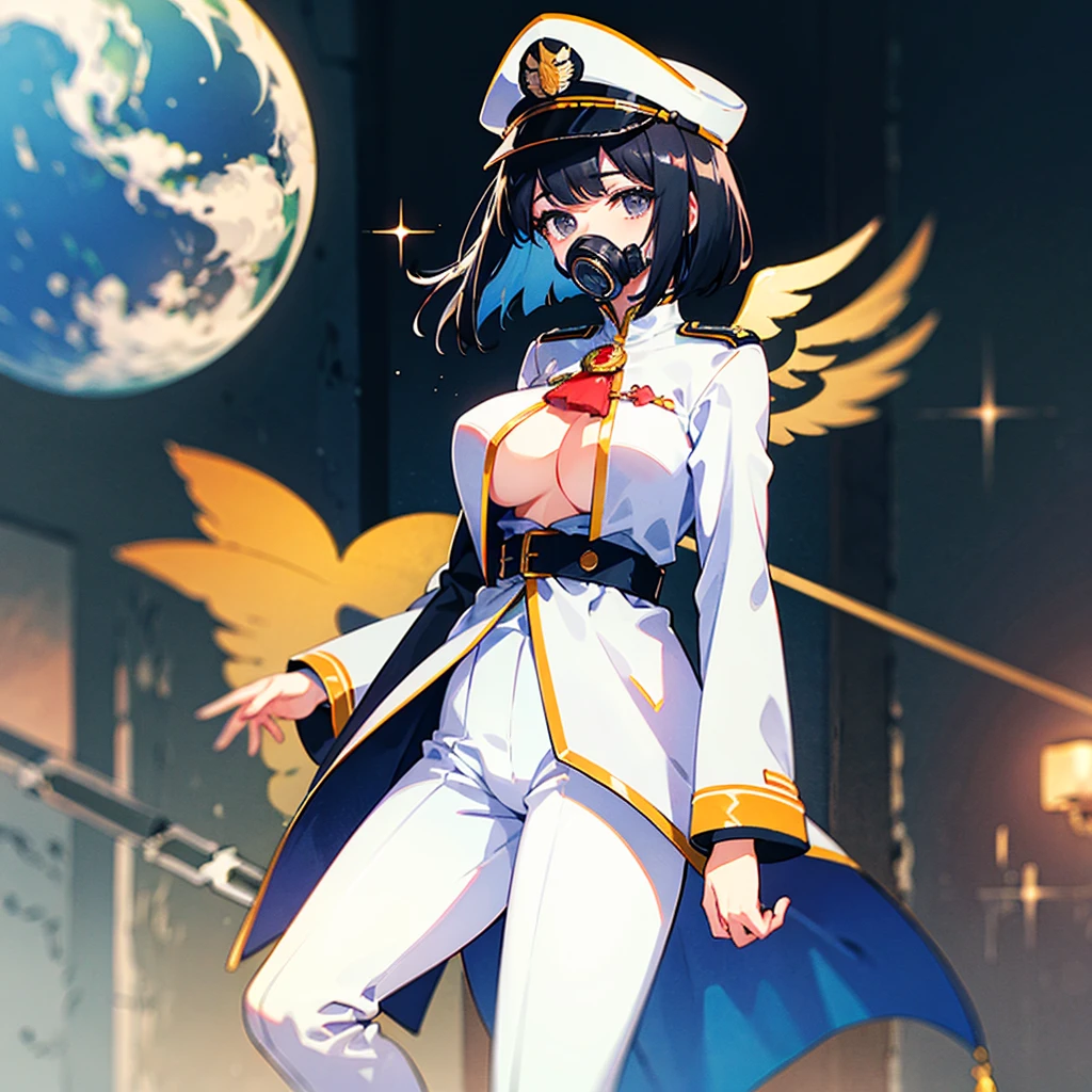 (((masterpiece)))、(((Top image quality)))、(((top-quality)))、(Illustration of one woman)、30-years old、(Viceroy)、Black hair bob cut、((Face covering gas mask))、Gray eyes、((Tall))、((huge tit))、((Military uniforms))、((Military Cap))、((Military coat))、(white clothes)、(White pants)、(White cap)、trench coat、((kosmos船の中))、(Outside the window、kosmos、kosmosから見た地球、kosmos港)