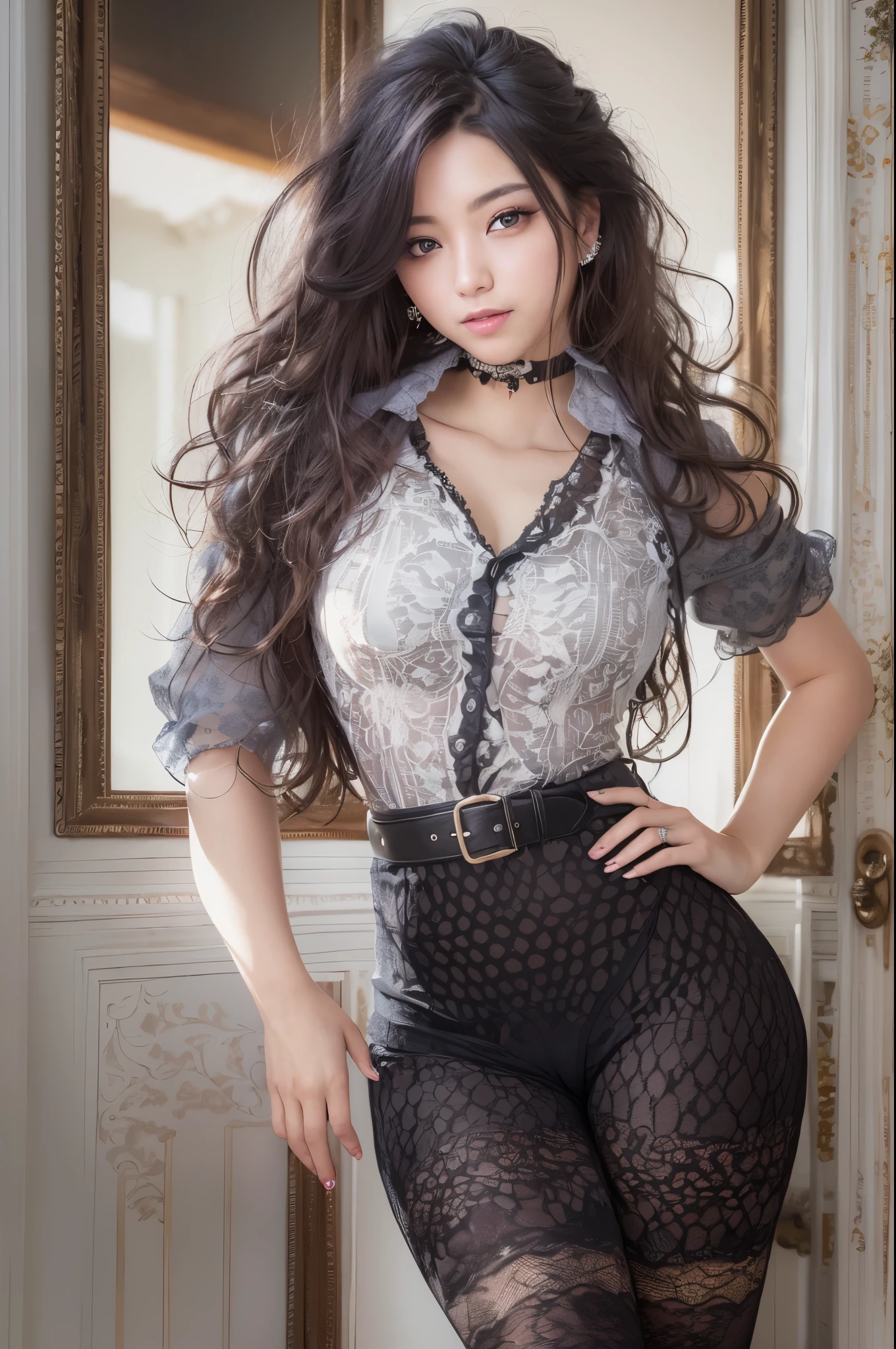 (Raw photo, Best Quality), (Realistic, Photorealsitic:1.3), masutepiece, extremely delicate and beautiful, Extremely detailed, nffsw, Unity, 8K, amazing, finely detail, Ultra-detailed, hight resolution, absurderes, Soft light, (Black hair, Short hair, Curly hair, hair messy, Bangor Tiful Detail Girl, Detailed fingers, extremely detailed eye and face, beautiful detailed nose, Beautiful detailed eyes, (Light on Face), Looking at Viewer, (Closed mouth:1.2), 1girl in, Cute, 年轻, Mature Face, pale skin, (Half body:1.3, sittingium'breastsout), Realistic face, Realistic body, beautiful detailed thigh, (ulzzang -6500-v1.1:0.6), Black shirt, (Semi-smile:1.3),cowboy shot