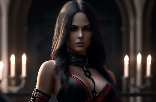 (ultra high quality 8k),I want to put together a girls naked character wearing a black outfit, with a dark tone, and who is holding a sickle in his right hand with the initials EM on it.face, face Detailed
