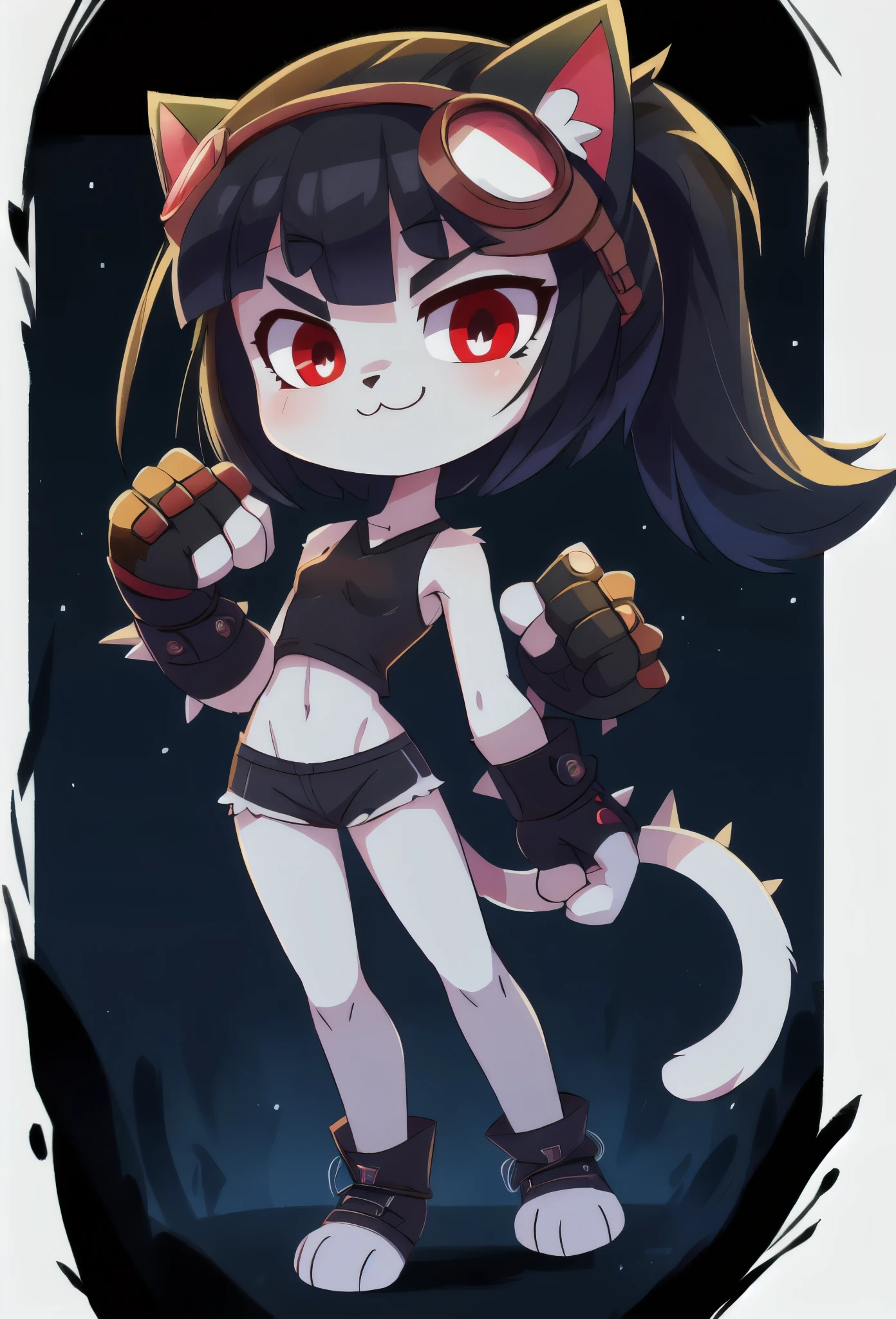 furry girl, cat, black hair, short spiky hairstyle, hair bang cover her eye, black eyeshadows, short spiky ponytail, anime style, small breasts, red eyes, Big eyebrows, black small tank top, grey shorts, fingerless gloves, high quality, detailed body, detailed eyes, detailed face, masterpiece, glistening body, detailed body fur, best quality, white body fur, skinny, sassy face, gothic, goggles, spectacular effects, :3, detailed hands, perfect lighting, perfect shadows, perfect eyes, perfect hair, perfect face, gorgeous body, full body, feets whit three toes, simple background, white background, transparent background,