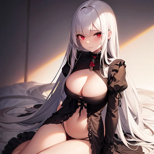 A young woman with long straight white hair and red eyes. Petite body with smooth skin . Large breasts. Casual Gothic clothes. Blushing. Happy. Full body portrait. Laying on back.