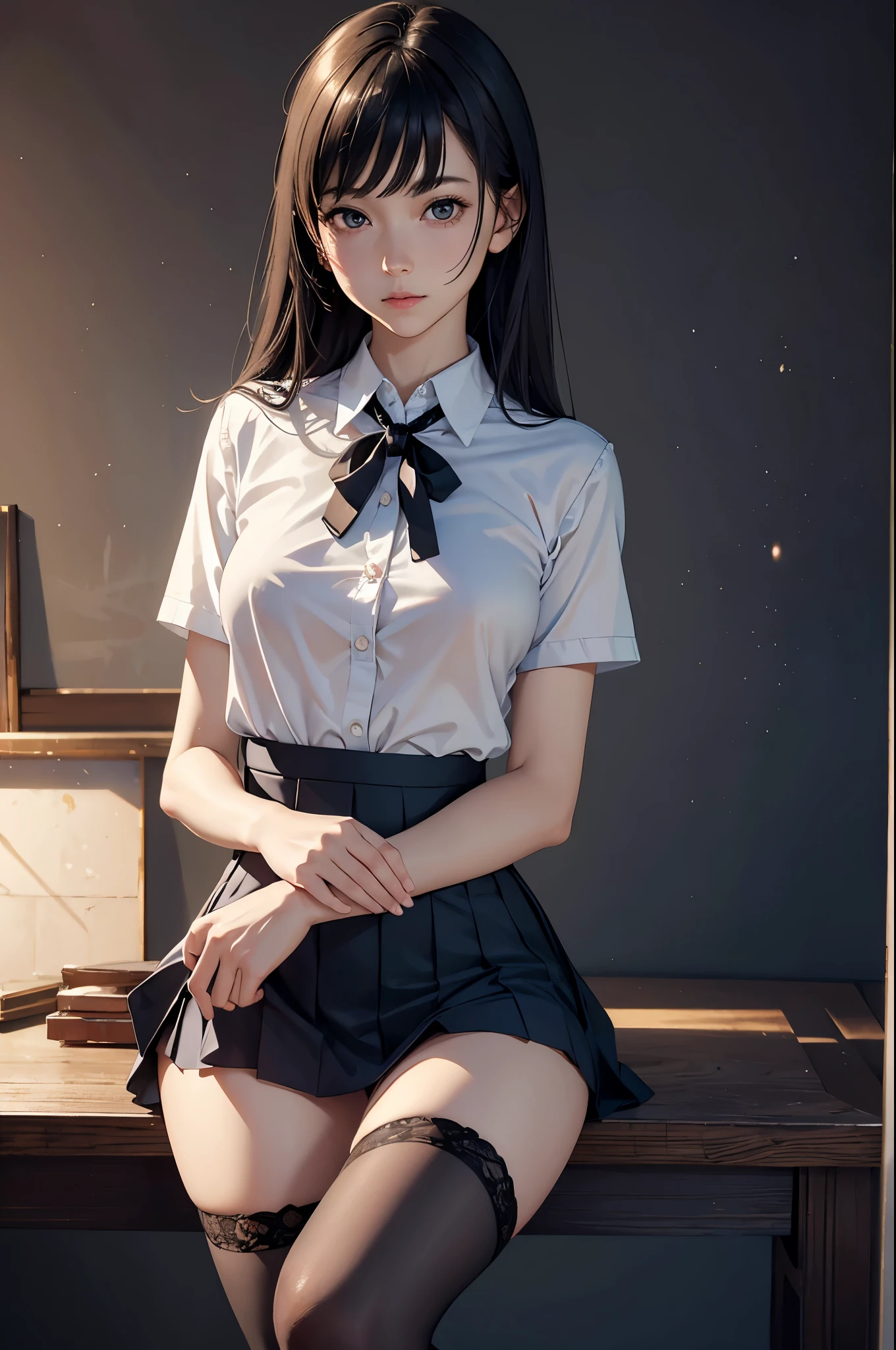 (RAW photo, best quality), (realistic, photo-realistic:1.4), masterpiece, extremely delicate and beautiful,Amazing, finely detail, extremely detailed CG unity 8k wallpaper, huge filesize, ultra-detailed, highres, absurdres, soft light,rim light, vibrant details, ((perfect hand:1.2)), Take a selfie with phone in one hand and cover face, 1girl, slim legs, thin legs, long legs, spread legs, [standing|on chair|sitting|butterfly sitting], [stockings|pantyhose|thighhighs|kneehighs], school uniform, unbotton blouse, small bare breasts,  iphone, selfie, pose,small hand, p_m_s,