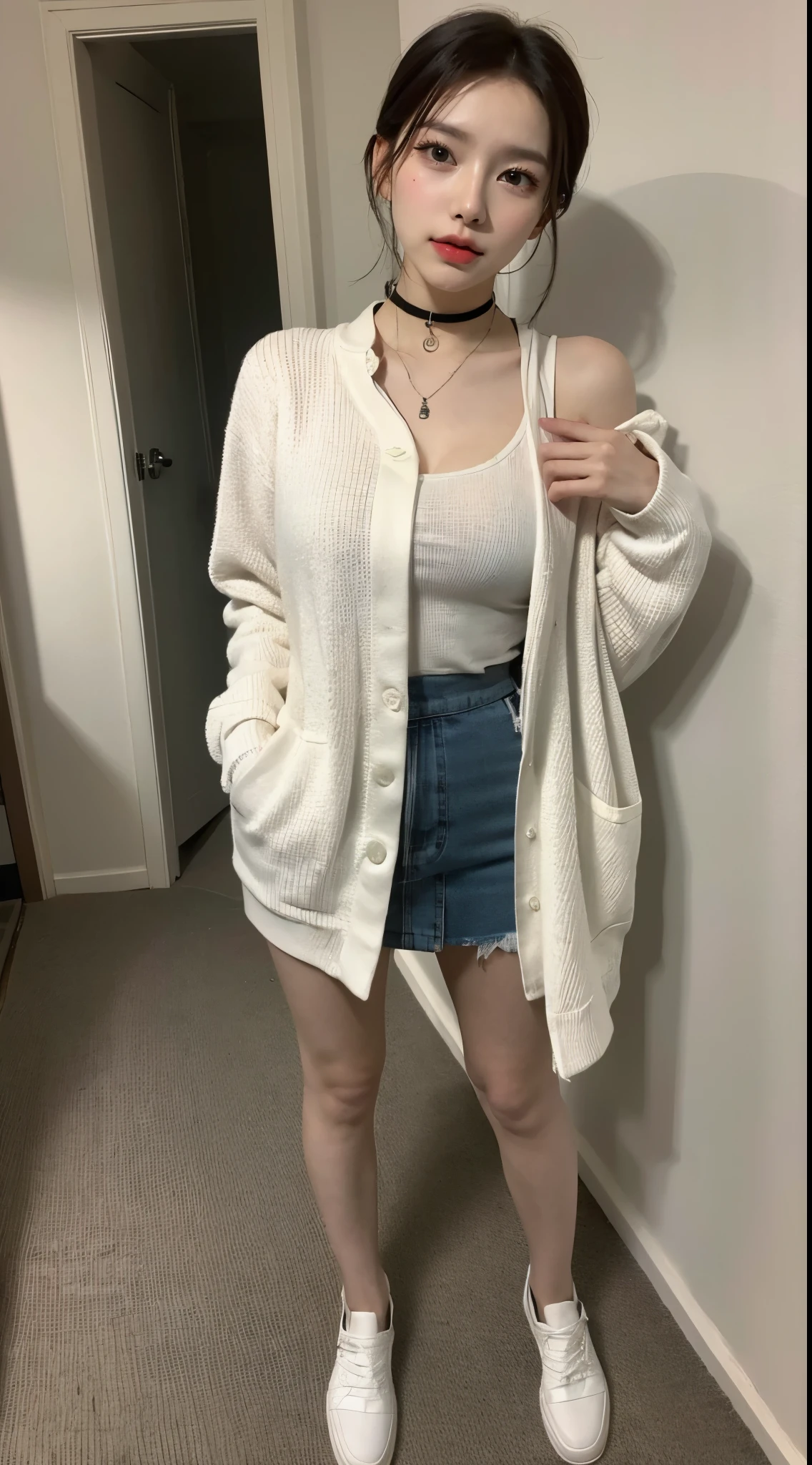 Best quality,realistically,8K,A high resolution,sweetheart,(Complicated details:0.8), (HighDynamicRange, the ultra-detailed:1.2), luring, The shirt,Manteau,Huff,Patterned,Lace,Gauze skirt,((sunshine on face,Front light source)),(Place your arms behind your body),(((Lenu full body panoramic shot))),小Manteau,choker necklace,eardrop
