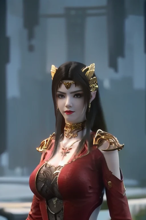 sidelocks, long hair, smiling, looking at viewer, from front, twintails, bangs, blonde hair, mole under eye, aqua eyes, fox ears, makeup, parted lips, masterpiece, high quality, best quality, anatomically correct, pinup cheongsam, black dress, makeup, red lips, wide hips, huge breasts, boob window