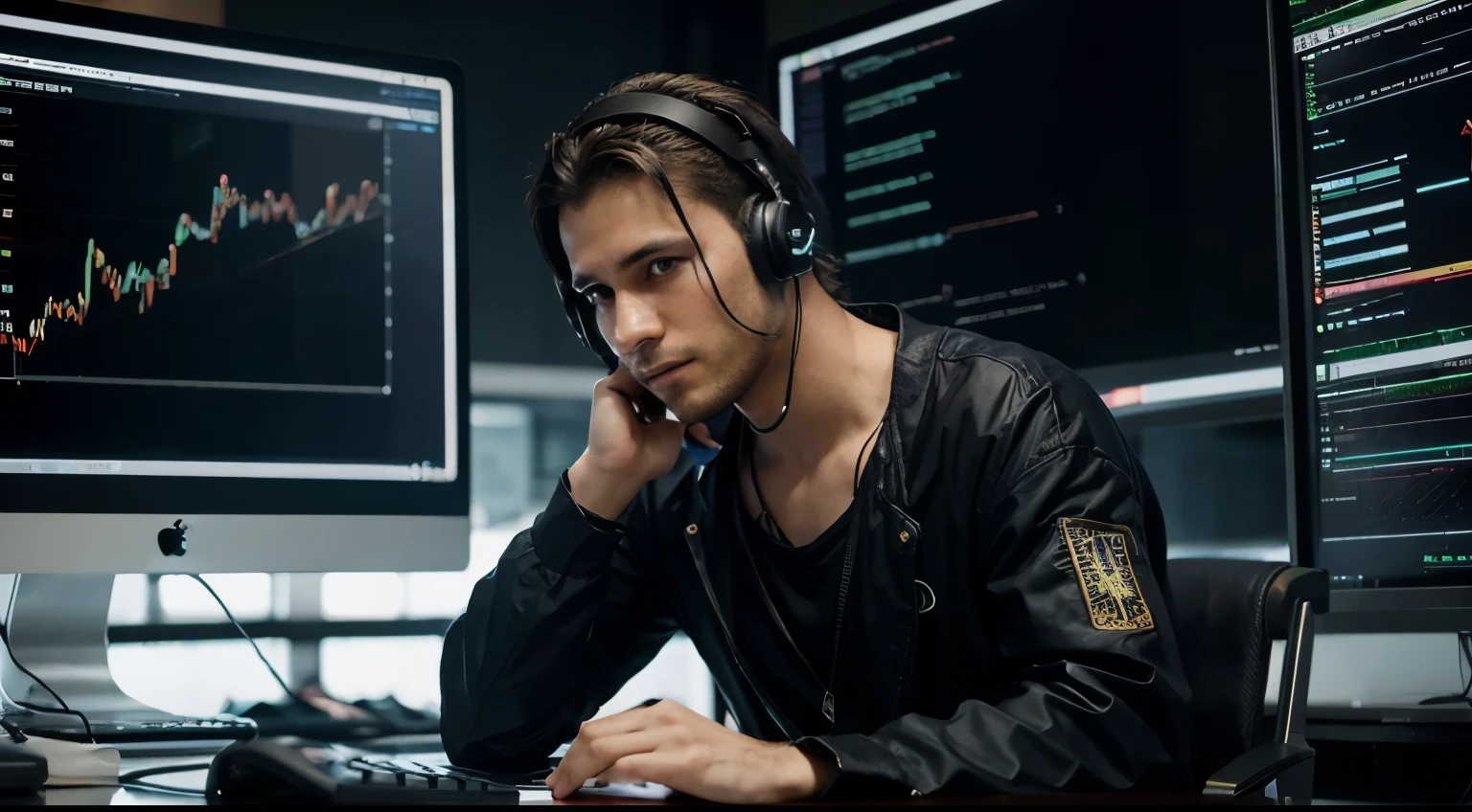 criar imagem realista de um homem trabalhando na frente do computador com trader estilo cyberpunk,