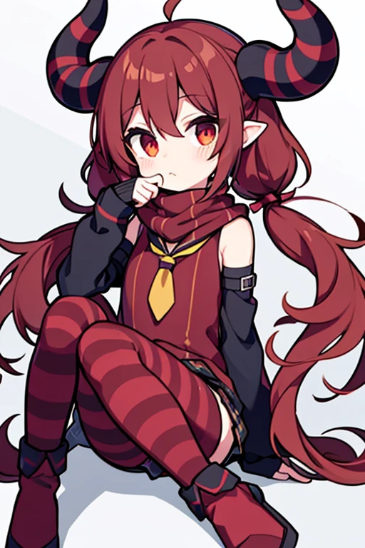 design, v mouth, , little sister, low twintails, short low twintails, striped top, red boots, red scarf, brown hair, brat, kusogaki, mesugaki, black fingerless gloves, chuuni, chuunibyou, demon horns, messy hair, side locks, hair between eyes, fang mouth, full body, dynamic, shoulderless sleeves, maroon pants