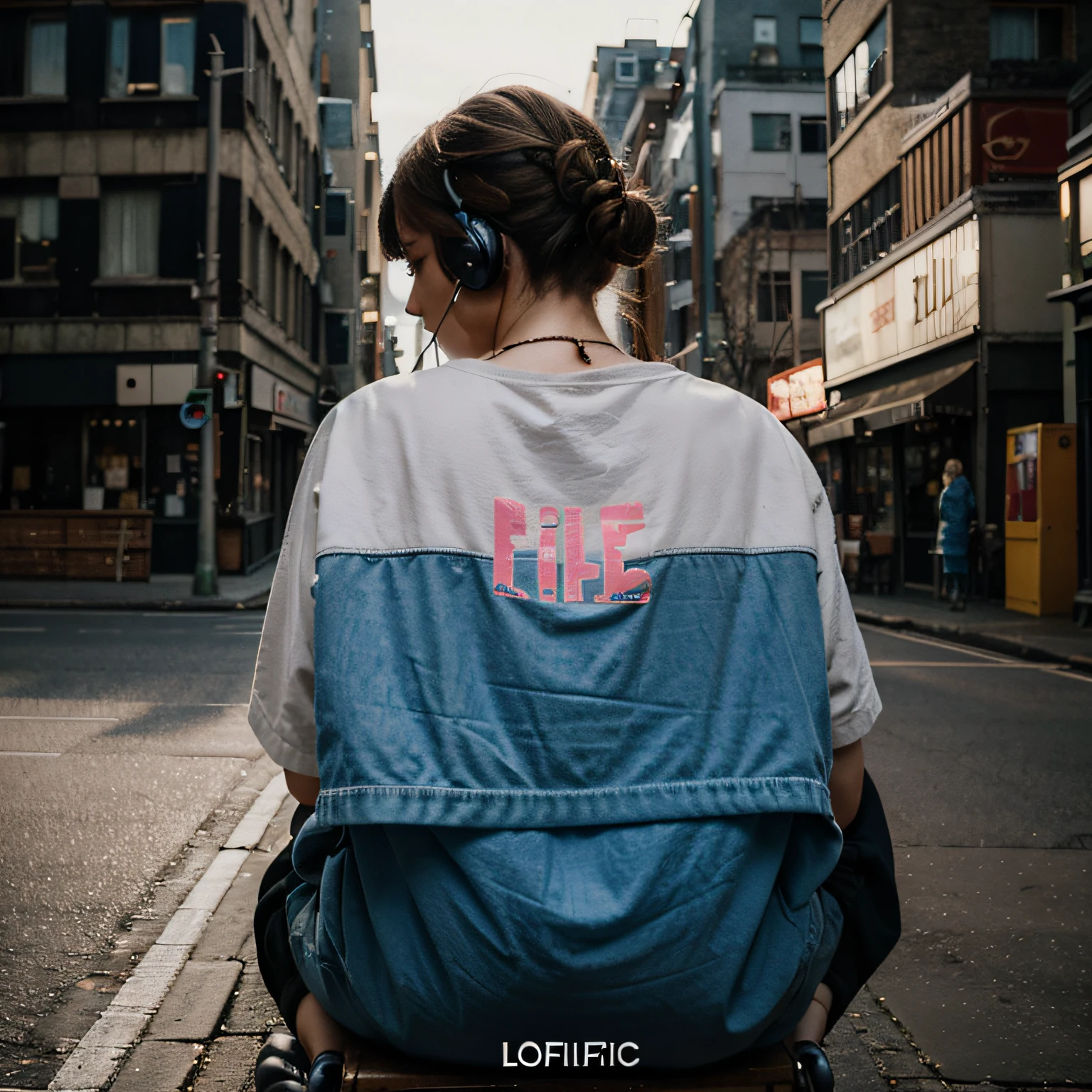 Lofi Music album cover, girl with headphones, cosy lights and christmass decorations around