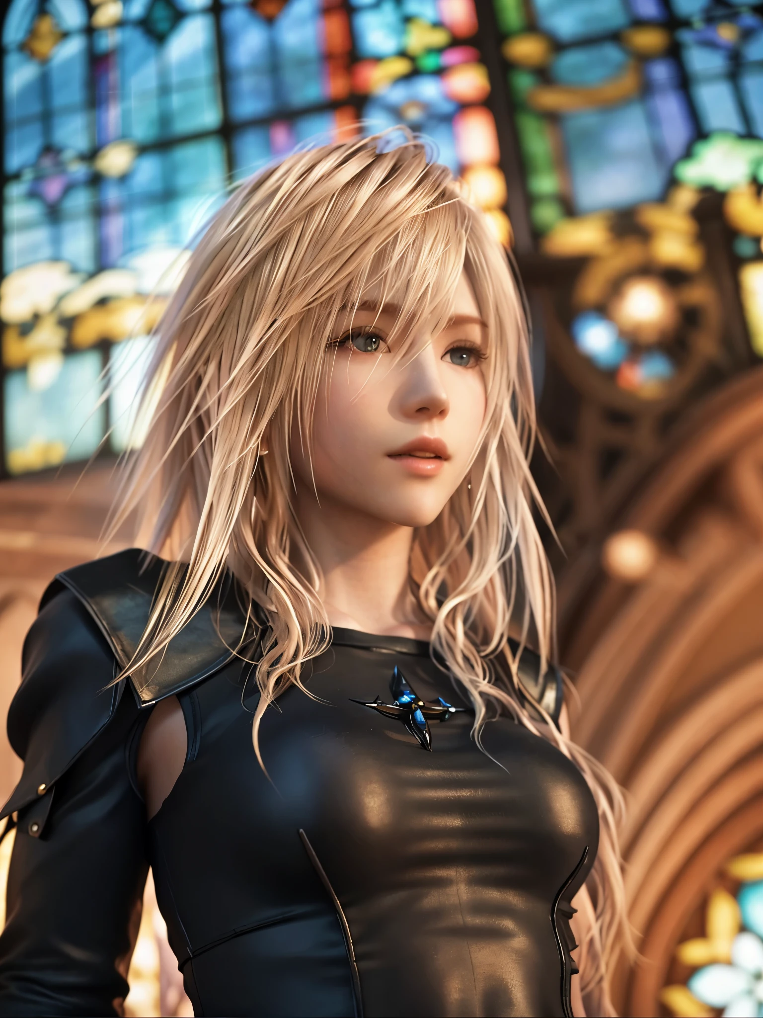 blond woman in black top posing in front of stained glass window, beautiful blonde girl,HD, (Best Detail), (Best Quality), Final Fantasy, Relic, Joy, Masterpiece, Best Quality, High Resolution, ((blonde))