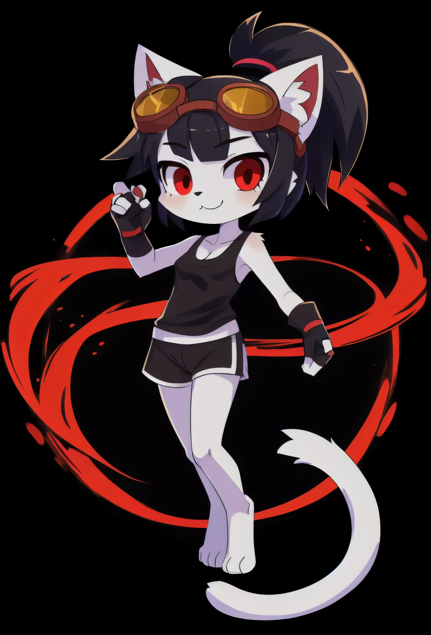 furry girl, cat, black hair, short spiky hairstyle, hair bang cover her eye, black eyeshadows, short spiky ponytail, anime style, small breasts, red eyes, Big eyebrows, ((goggles, black small tank top, grey shorts, fingerless gloves)), high quality, detailed body, detailed eyes, detailed face, masterpiece, glistening body, detailed body fur, best quality, white body fur, skinny, sassy face, gothic, spectacular effects, :3, detailed hands, perfect lighting, perfect shadows, perfect eyes, perfect hair, perfect face, gorgeous body, full body, feets whit three toes, simple background, white background, transparent background,