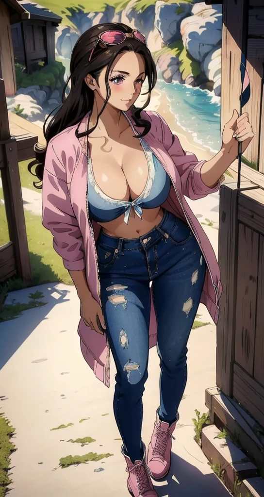 (masterpiece), best quality, expressive eyes, perfect face, 1girl, {{huge breasts}}, sexy, pink eyes, light smile, straight hair, medium soft hair, pink hair, combat boots, side view, pink jacket and jeans, holding a bow and arrow, full body