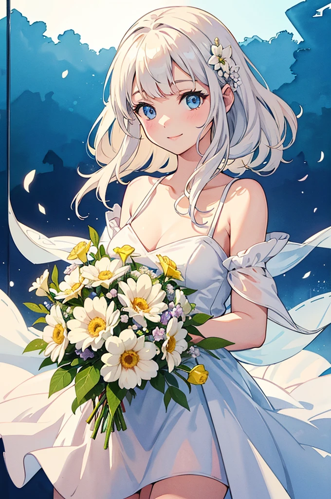 cowboy shot, girl, cute, pale color, diagonally above, cute and gentle smile, beautiful girl holding a bouquet of flowers so beautiful that you can't see her hands, beautiful eyes, rich watercolor, colorful, (delicate details, complex composition) : 1.5) (very detailed) Complex configuration: 1.5),