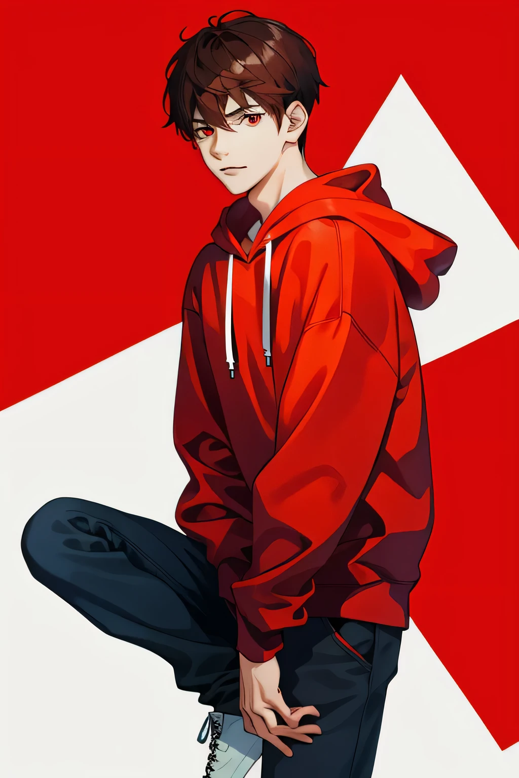 A man about 16 years old、young man with fair skin, red eyes, black hair color hair,Wearing a hoodie with double bangs,The background is the number 7