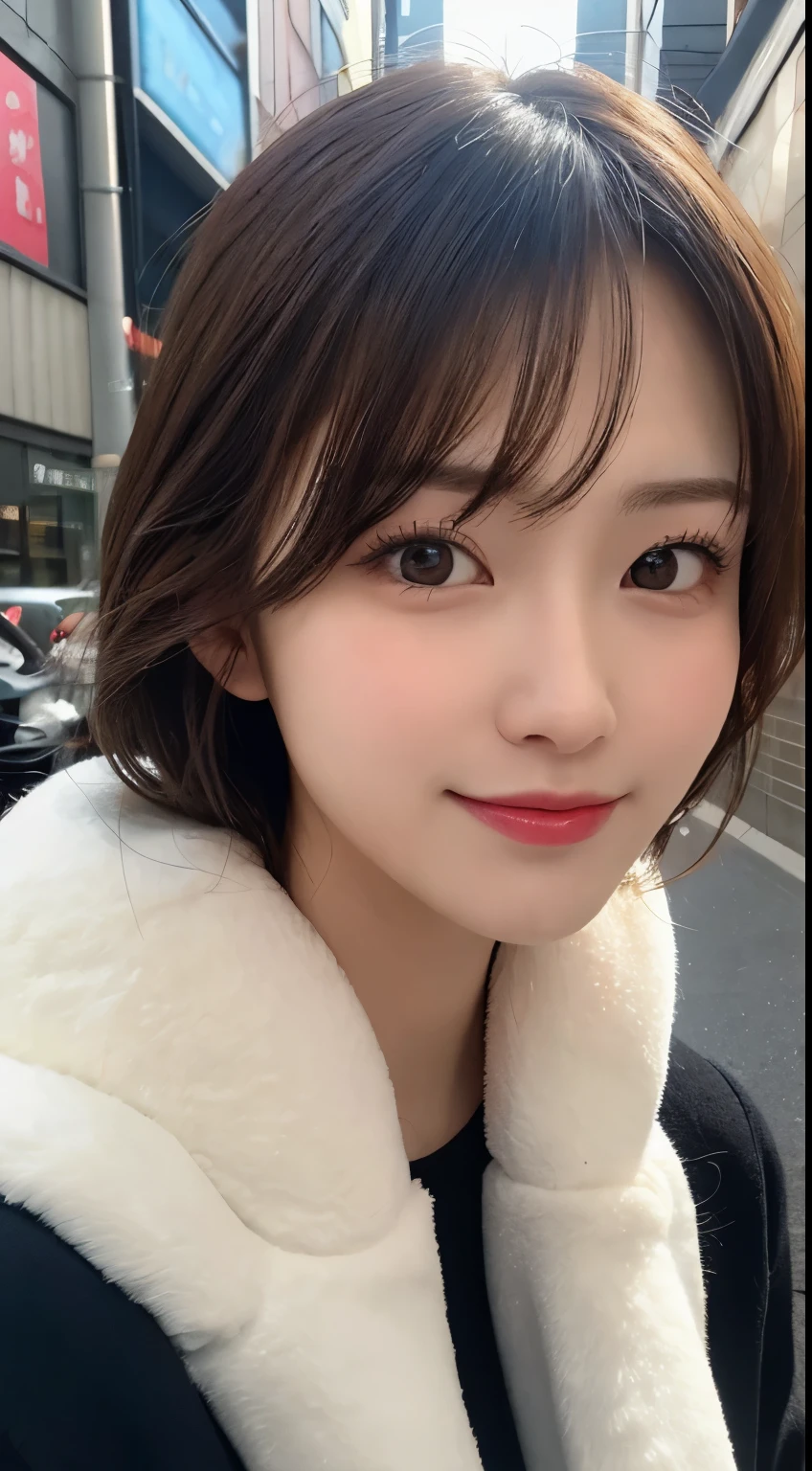 masutepiece, Best Quality, Illustration, Ultra-detailed, finedetail, hight resolution, 8K Wallpaper, Perfect dynamic composition, Beautiful detailed eyes, Tokyo trend fluffy black winter clothes,Medium Hair,have natural colored lips、small tits、sexypose,Smile,Akasaka、20 years girl、beautifull detailed face、Sexy face、Background blur、anatomically and physiologically correct body、Perfect and beautiful face,Raw photo