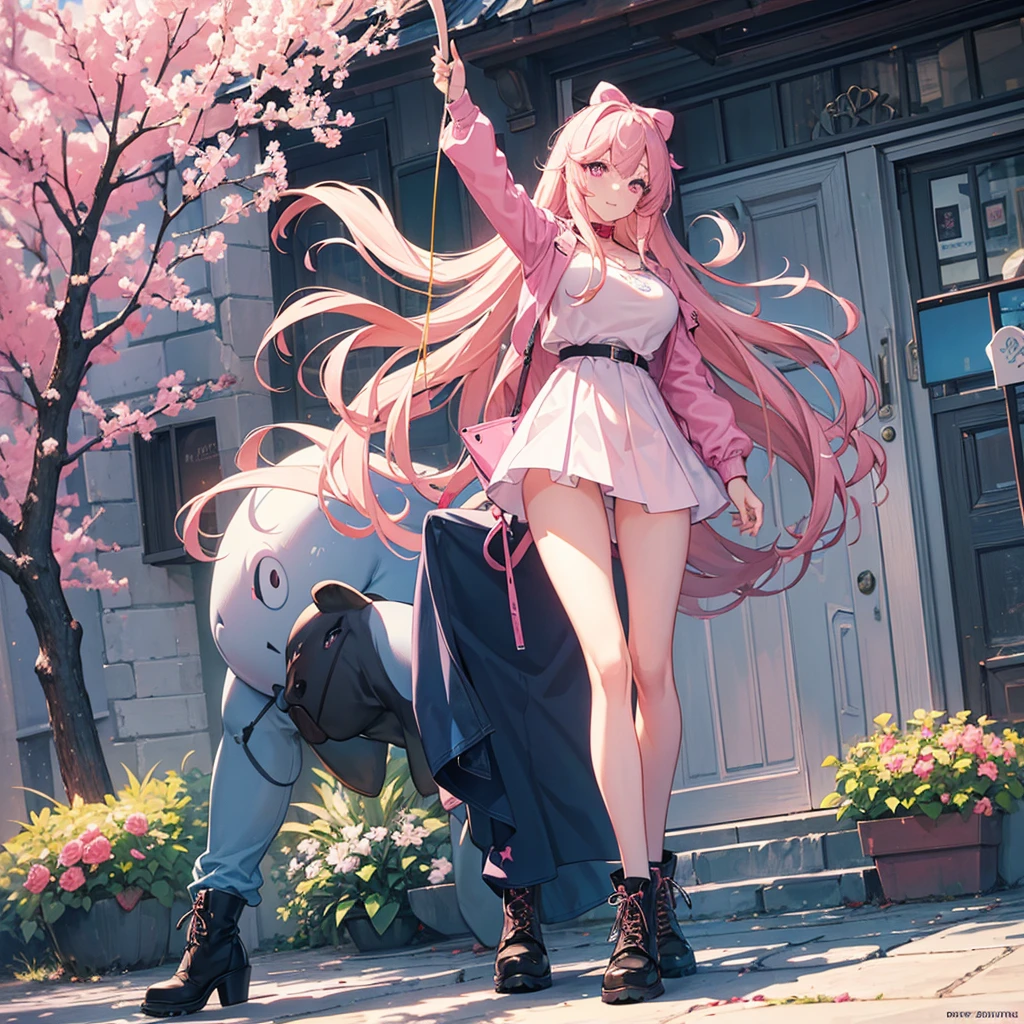 (masterpiece), best quality, expressive eyes, perfect face, 1girl, {{huge breasts}}, sexy, pink eyes, light smile, straight hair, medium soft hair, pink hair, combat  boots, side view, pink jacket and jeans, holding a bow and arrow, full body