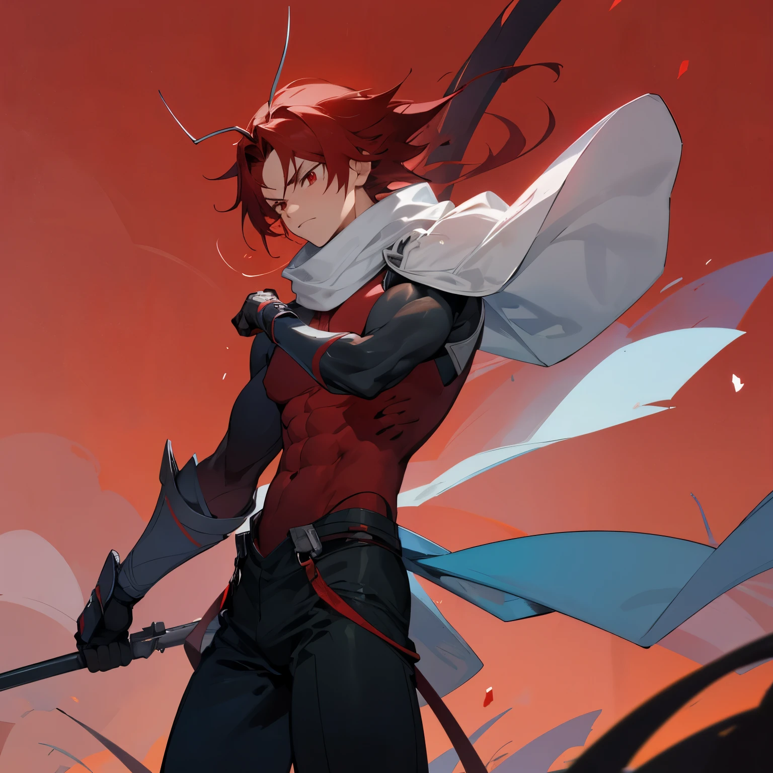 Red Hair , Red Eyes , White Scarf , Dark Blue Bodysuit , Martial Arts Clothing , Wristguards , 1male , Black Antennae , Muscular , Serious Expression , Blue grass Red Sky Background , Armor Piece , Baggy Black Pants