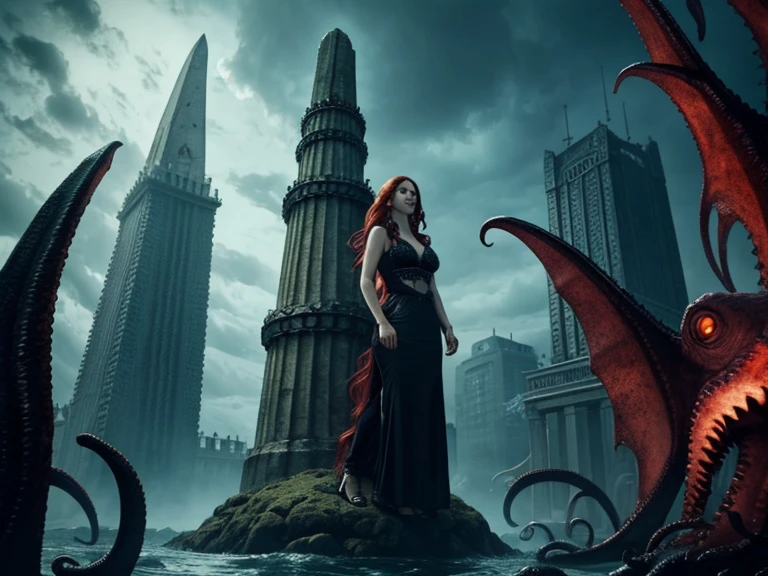 dagon escalando obelisco,  woman with red hair and Cthulhu behind is surrounded by Chthulhu mitus